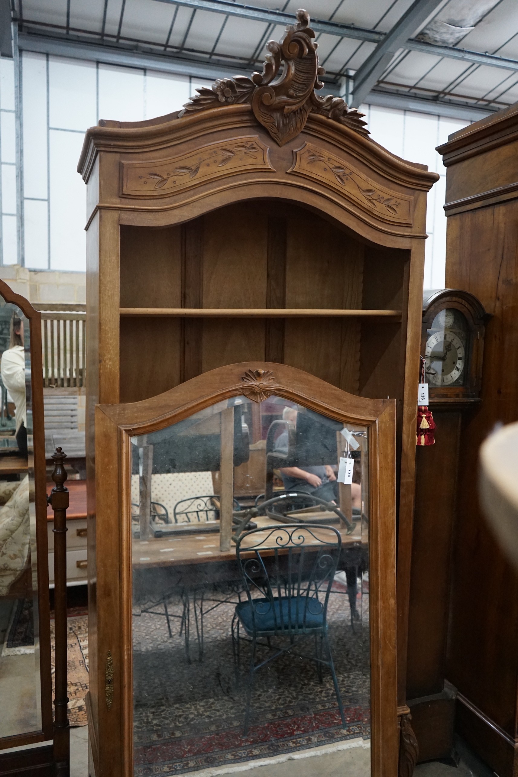 An early 20th century French mahogany mirrored armoire (no hinge for door), width 100cm, depth 50cm, height 232cm